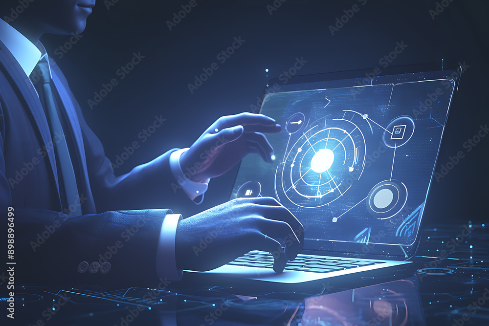 Poster a person using a laptop with glowing digital interface icons representing emails, data transfer, and