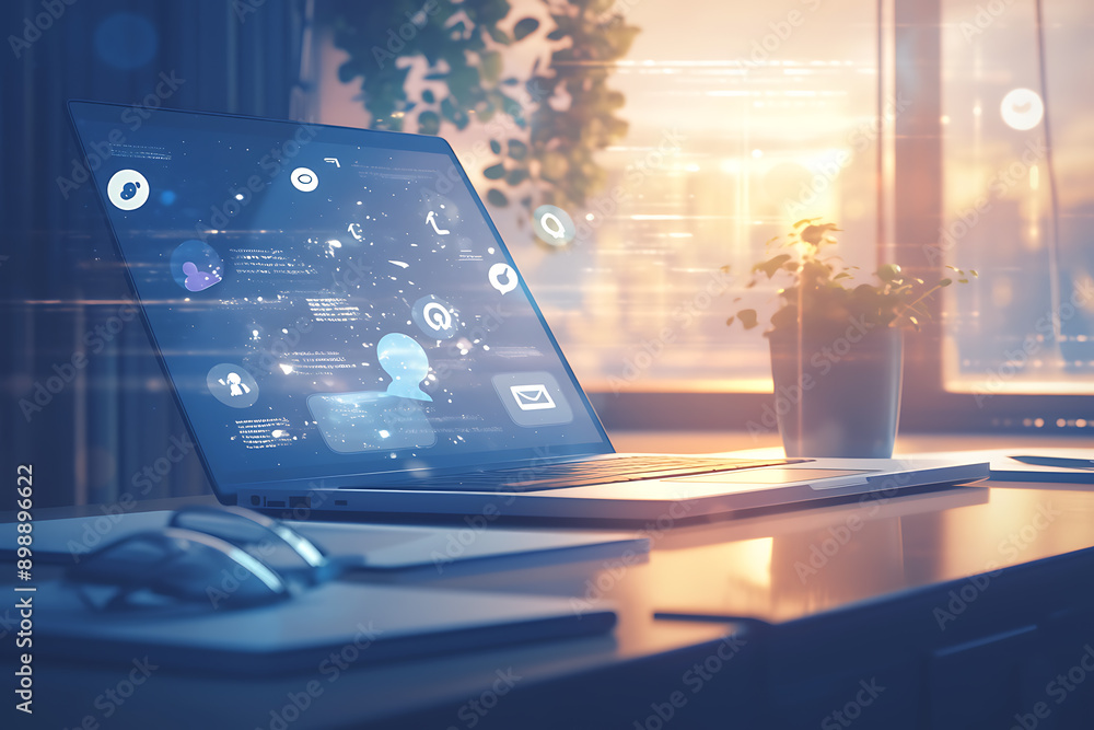 Poster a person using a laptop with glowing digital interface icons representing emails, data transfer, and