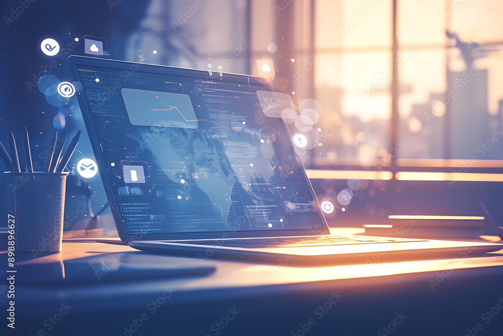 Poster a person using a laptop with glowing digital interface icons representing emails, data transfer, and