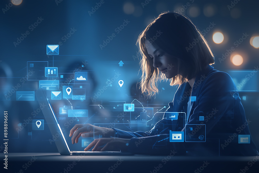 Poster a person using a laptop with glowing digital interface icons representing emails, data transfer, and
