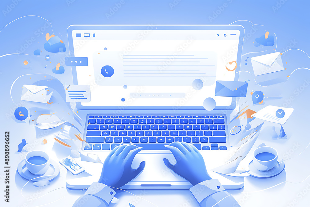Poster a person using a laptop with glowing digital interface icons representing emails, data transfer, and