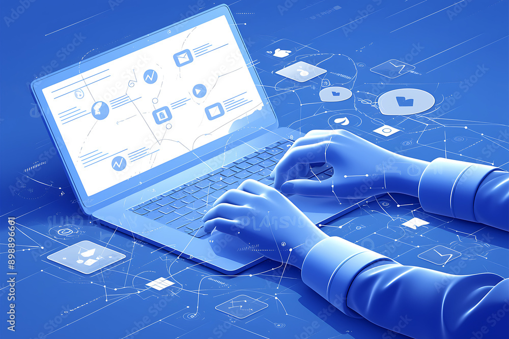 Poster a person using a laptop with glowing digital interface icons representing emails, data transfer, and