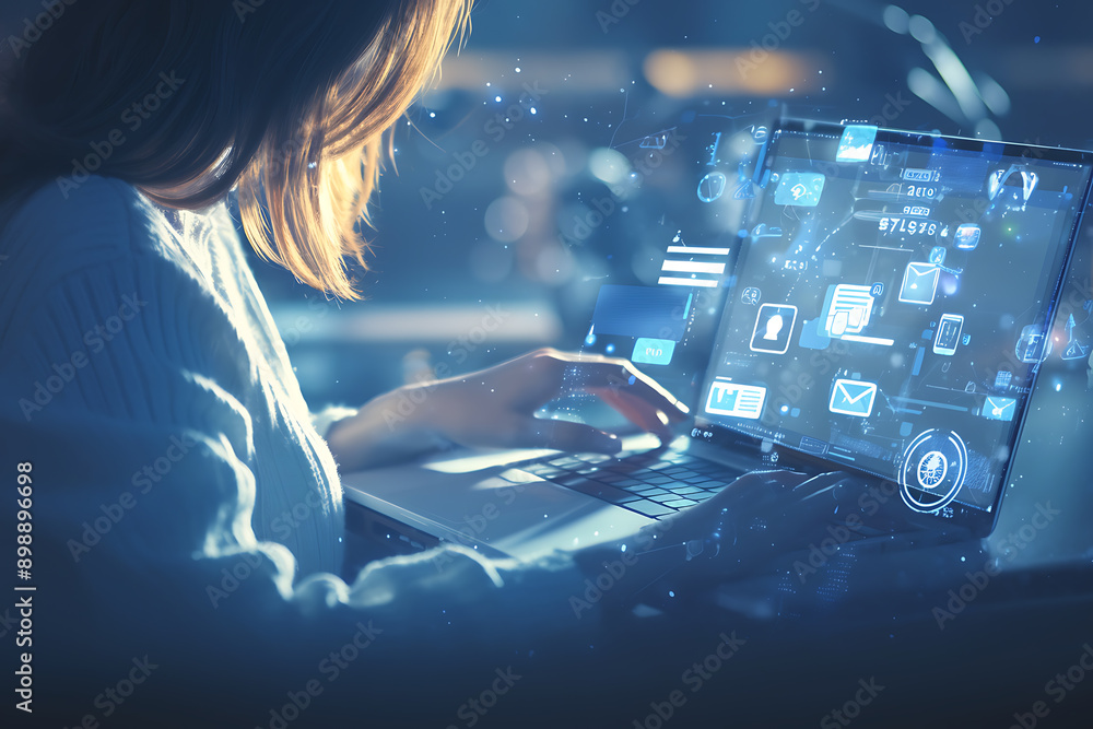 Poster a person using a laptop with glowing digital interface icons representing emails, data transfer, and