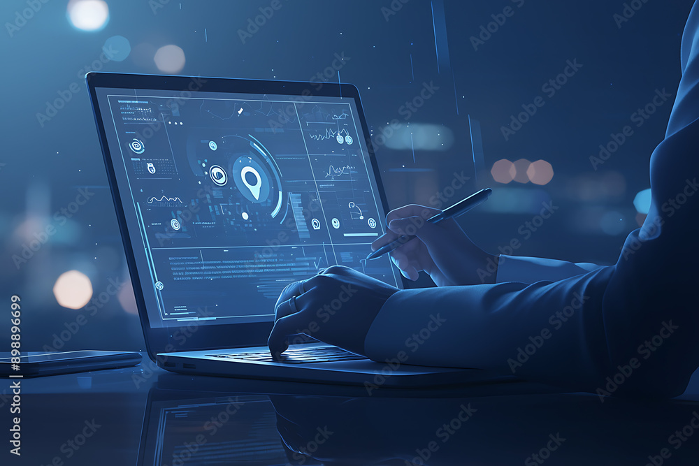 Poster a person using a laptop with glowing digital interface icons representing emails, data transfer, and