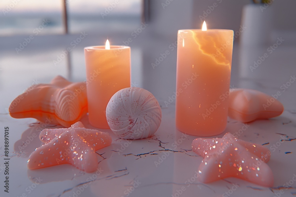 Poster spa candles and seashells on a wooden table representing relaxation tranquility and the soothing ess