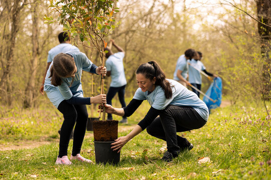 Mom and her little girl taking a tree out of the pot and plant it, doing voluntary work to help with reforestation and environmental protection. Activists taking action to help natural habitat.