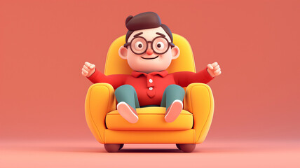 A cheerful cartoon boy with glasses and short hair, wearing a red shirt, sits joyfully in a bright yellow armchair against a soft pink background in the afternoon - Generative AI