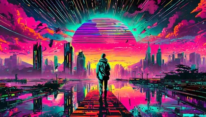 The back of a man who appeared in a colorful and shining city