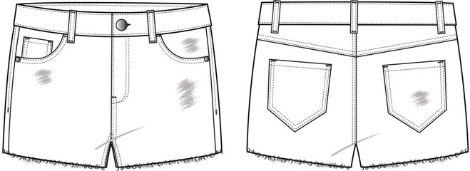 Denim Destroyed Shorts technical fashion illustration with micro length, raw edge, mid rise and 5 pockets. Flat bottom apparel template front, back, white and black colour style. Unisex CAD mockup.