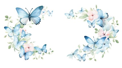 watercolor beautiful elegant light blue butterflies wreath with flowers
