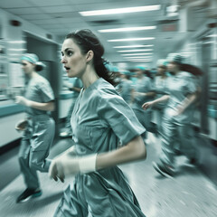 Fototapeta premium Nurses Running in Chaos in Hospital: High-Resolution Photo Capturing a Busy and Urgent Situation in a Clinical Setting, Highlighting the Fast-Paced Nature of Emergency Care