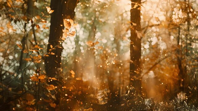 A dreamy ethereal image with a grainy texture evokes the feeling of walking through a forest of blurry rustcolored leaves in autumn.