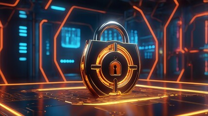 3d Title Gold padlock on blue circuit board. Suitable for cybersecurity concepts, technology backgrounds, and data protection designs. 9