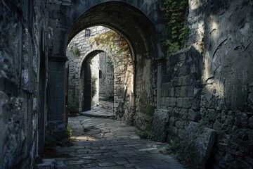 A stone building with ivy covering the archway, perfect for historic or natural settings