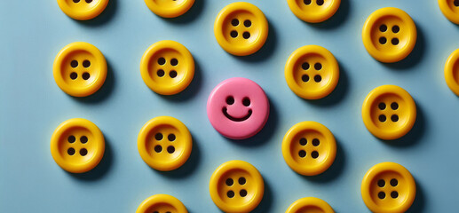 a pink button in the middle of a group of yellow buttons