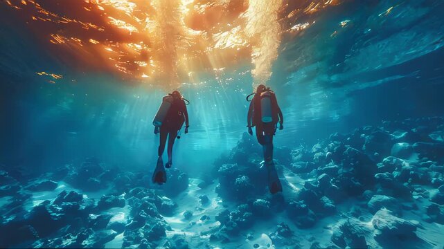 Two scuba divers underwater, wearing black wetsuits and masks, exploring a vibrant coral reef. Sunlight beams through the clear blue water