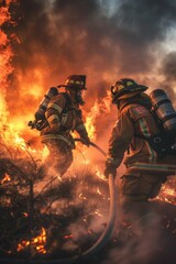 Photorealistic firefighters putting out a fire Generative AI