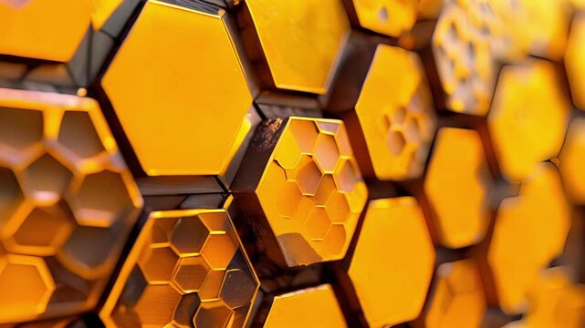Abstract art in the form of a honeycomb pattern with varying shades of yellow and brown creating a striking visual reminiscent of a beehive.