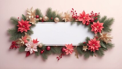 Obraz premium Beautiful Christmas Floral Frame with Poinsettias and Pine Branches for holiday decorations