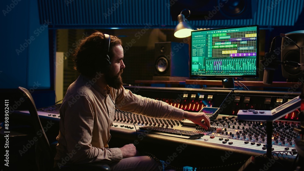 Fototapete Mixing engineer pressing sliders on control desk to balance tracks and add sound effects, creating new music. Audio engineering expert works with motorized faders in professional studio. Camera B.