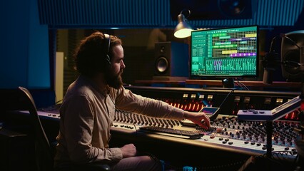 Mixing engineer pressing sliders on control desk to balance tracks and add sound effects, creating new music. Audio engineering expert works with motorized faders in professional studio. Camera B.