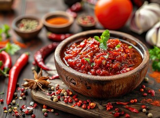 A bowl of red sauce with a bunch of red peppers and basil on a wooden table