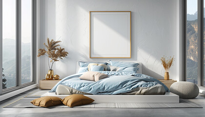 Contemporary bedroom minimalist decor with empty frame