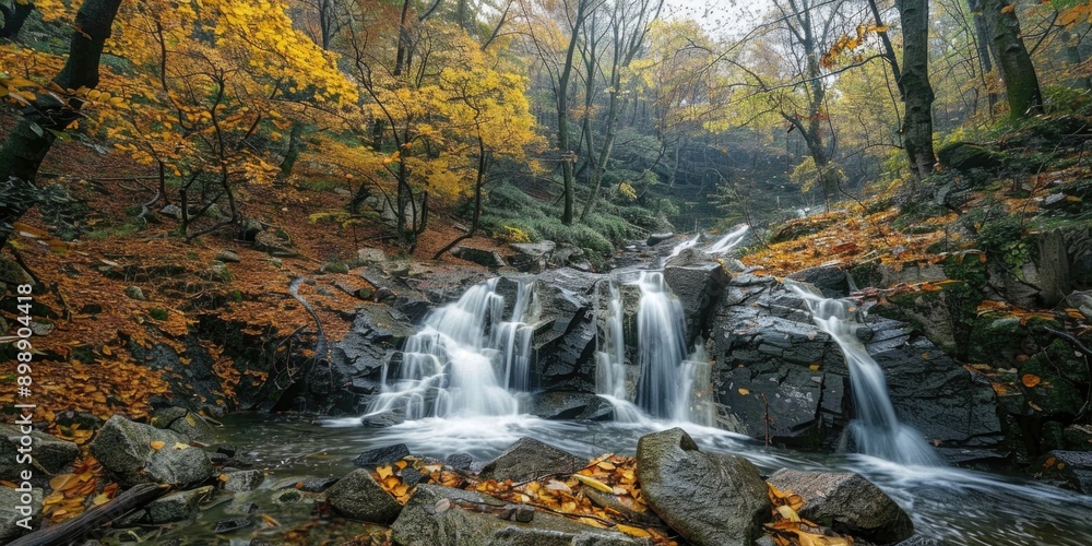 Poster a serene waterfall surrounded by lush greenery and trees