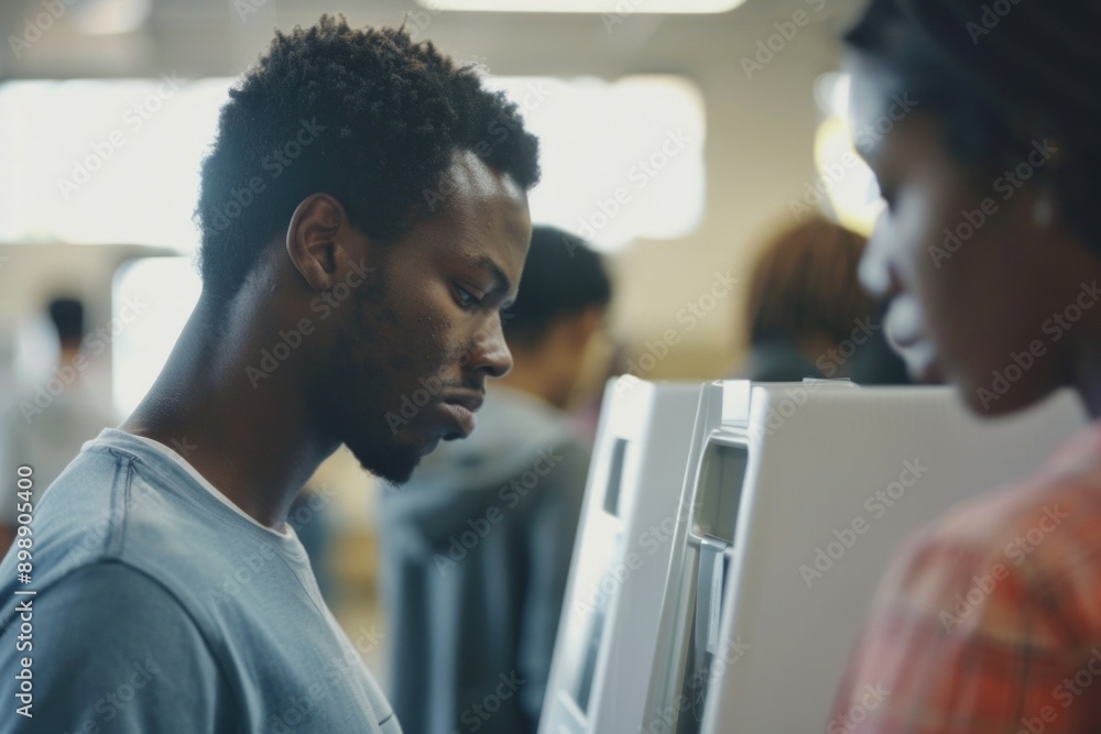 Poster A person standing in front of a computer screen with a serious expression