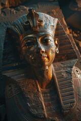 A detailed view of a statue depicting a human figure