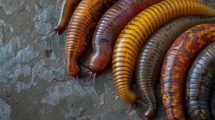 Group of giant millipedes is showing their colorful exoskeletons while curled up on a grey background
