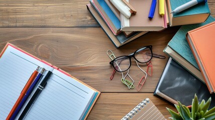 Books on table for school with space to write