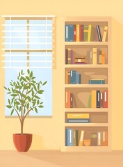 Fototapeta premium Modern Flat Cartoon Illustration Of Interior Design With Bookcase And Window