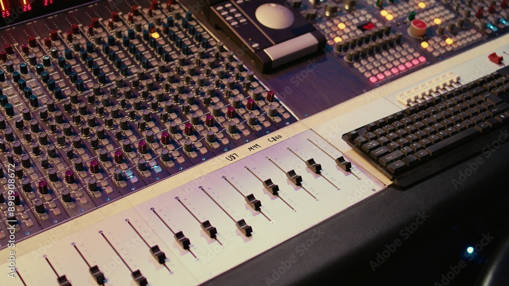 Leinwandbilder Empty professional studio with control desk mixer and pre amp knobs, music recording and editing with audio software. Control room buttons and sliders in post production, soundproof space.