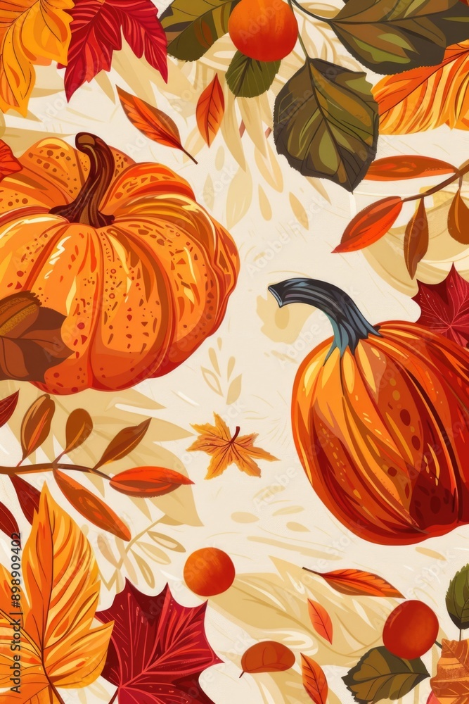 Poster decorative pumpkin and leaf pattern on a clean white background