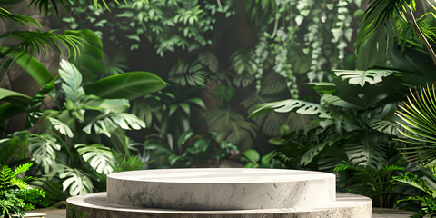 stone round podium surrounded by tropical leaves for product presentation. podium among vegetation