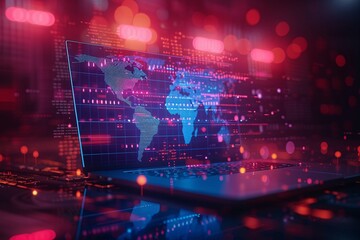 A sleek laptop displays a dynamic world map, surrounded by vibrant, colorful data streams, symbolizing technology and globalization.