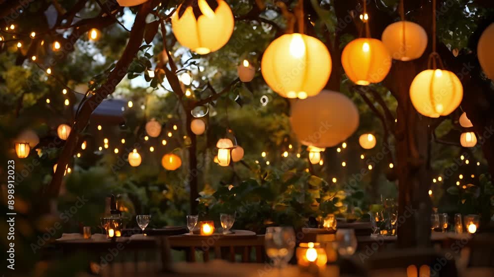 Poster a garden party setting with lanterns of different shapes and sizes p on tables and hanging from stri