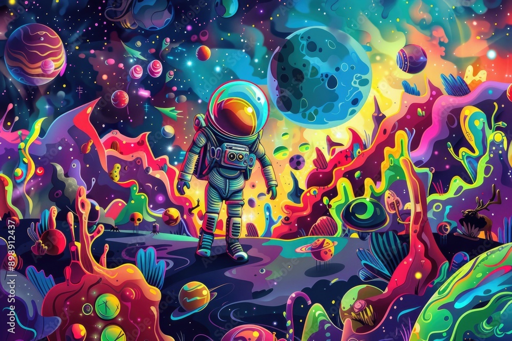 Poster Astronaut standing on alien surface with planetary landscape in the background
