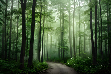 Obraz premium Serenity in the Mist: A Foggy Morning in a Dense Forest Inviting Reflection and Tranquility