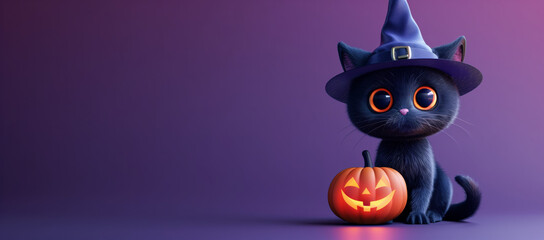 3d render of cute cartoon halloween black cat with jack-o'-lantern and witch hat isolated on purple background banner mockup, copy space.
