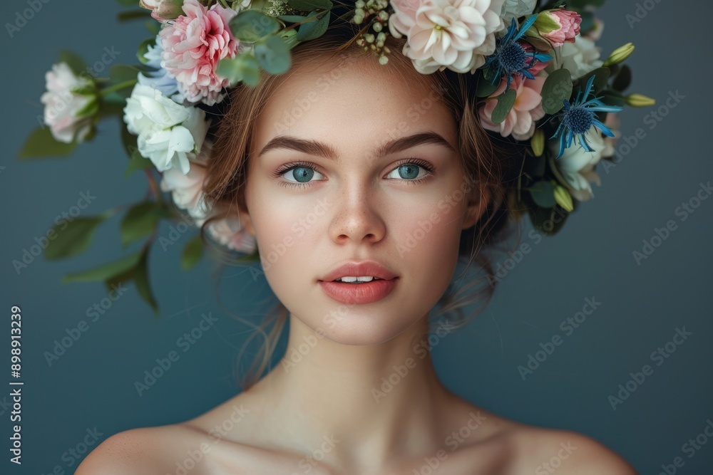 Wall mural young lady with a floral wreath on her head Generative AI