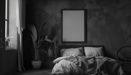 Contemporary bedroom with monochromatic palette with empty frame
