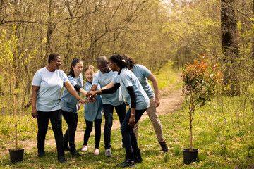 Joyful positive group of environmentalists collaborate to safeguard the ecosystem by growing trees...