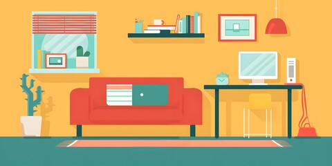 Modern Home Interior Design with Red Sofa and Desk
