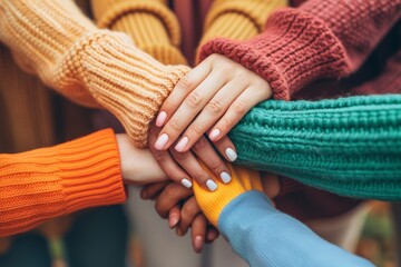 Close up of diverse hands stacked together symbolizing teamwork unity and collaboration in a warm and supportive setting