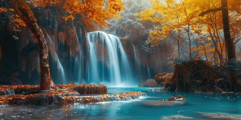 Waterfall surrounded by trees and foliage, perfect for nature or outdoor-themed projects