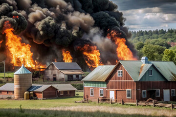 Flames engulf barns and fields at a rural farm under cloudy skies.
