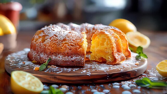Lemon cake with fresh lemons and mint on a wooden table