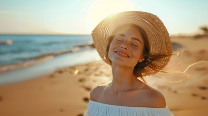 Beautiful woman enjoying sunbath with closed eyes on sunny day on the beach